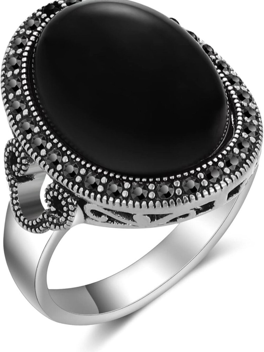 Mytys Retro Vintage Cocktail Statement Ring Black Marcasite & Crystal Rings for